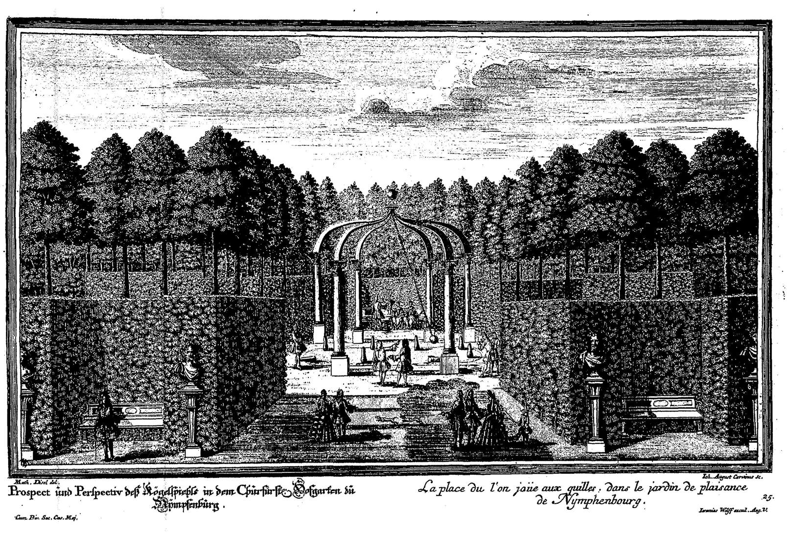 Corvinius, Johann August, “Skittles [<em>Kögelspiehl</em>] Boscage, Nymphenburg Palace, Munich.” Engraving from Diesel, <em>Erlustierende Augenweide in Vorstellung herrlicher Garten</em>